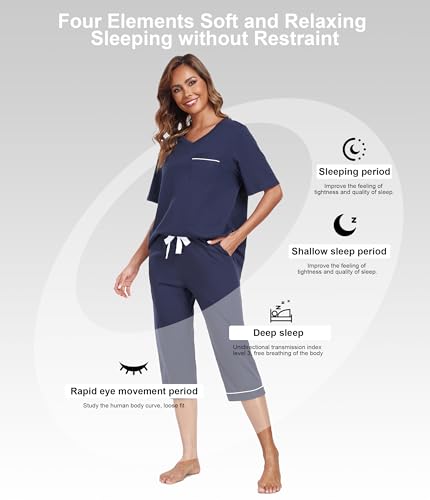 CF 100% Cotton Womens Pajama Sets for Women 2 Piece Pj Sets Sleepwear Lounge Set Short Sleeve Shirt and Capri Pants4