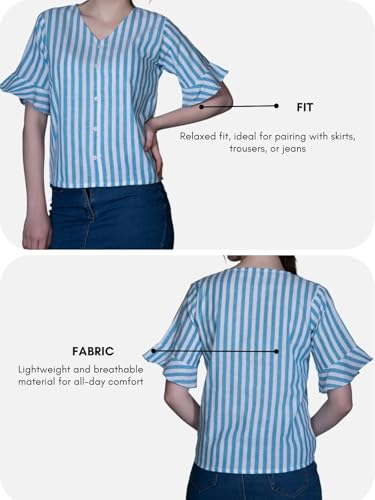 OM SAI LATEST CREATION Women's Crepe Knit Blouse Ballon Butter Fly Sleeve Lace Tops Casual Loose Top