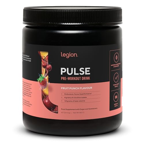 LEGION Pulse Pre Workout Supplement - All Natural Nitric Oxide Preworkout Drink to Boost Energy Creatine Free Naturally Sweetened Beta Alanine Citrulline Alpha GPC (Caffeinated Fruit Punch)