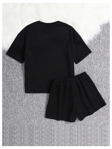 Image of Verdusa Girl's Tracksuit Sets 2 Piece Outfits Letter Print Vacation Tee Top and Drawstring Waist Shorts