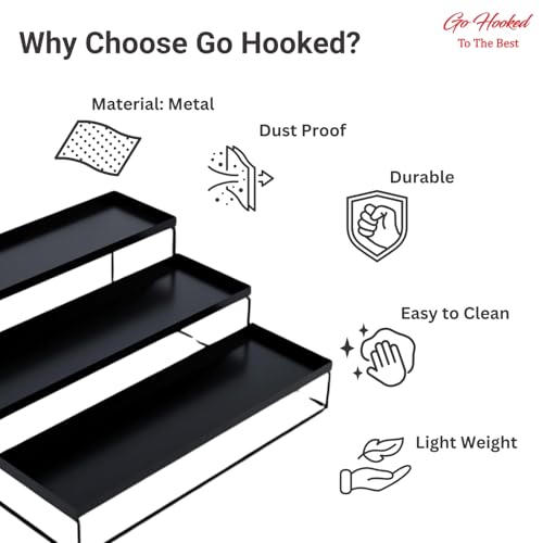 Go Hooked Kitchen 3-Tier Step Standing rack Kitchen Spice Bottle Rack Utensil Holder Food Storage Organizer for Cabinet Pantry Shelf Bathroom Rack (Black, Pack of 1, Iron, Step Shelf, Countertop)