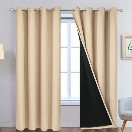 Image of Yakamok Beige 100% Blackout Curtains 90 Inches Long for Bedroom 52 inch Wide | Blackout Curtain Panels for Bedroom, 2 Thick Layers Grommet Top Thermal Insulated Drapes with Black Liner for Living Room