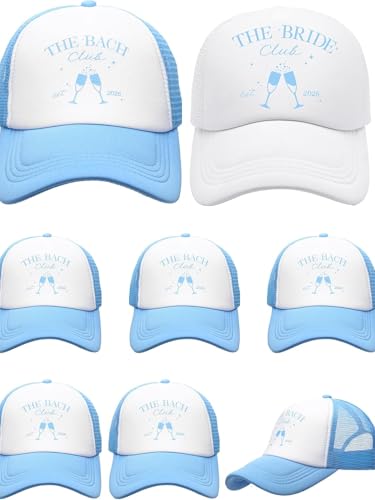 Shyyween 8/12 Pack Bachelorette Party Hats Include 1 Pack The Bride Cap and 7 Pcs The Bach Social Club Trucker Cap(12 Blue)