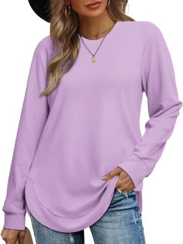 Image of OFEEFAN Womens Sweatshirt Crewneck Long Sleeve Shirts High Low Tops Curved Hem