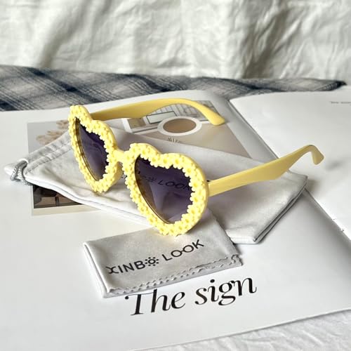 Image of Kids Heart Shaped Valentines Day Cute Flower Sunglasses for Toddler Girls Age 3-10 Outdoor Beach Eyewear UV400