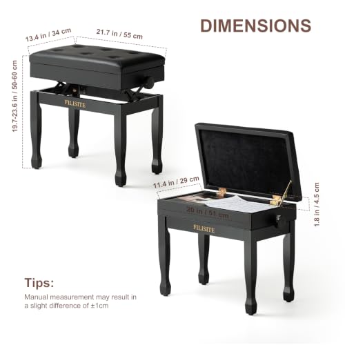 FILISITE Adjustable Height Piano Bench Stool PU Leather Cushion Wooden Keyboard Seat with Music Storage (Black)