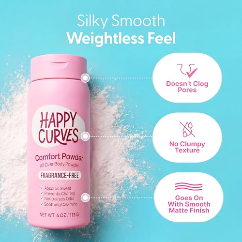 Image of HAPPY CURVES Comfort Powder: Talc Free Anti Chafe Body & Foot Dusting Powder Deodorant to Control Inner Thigh Chafing, Private Areas, and All Over Body for Women (4 Ounce (Pack of 1), Fragrance-Free)