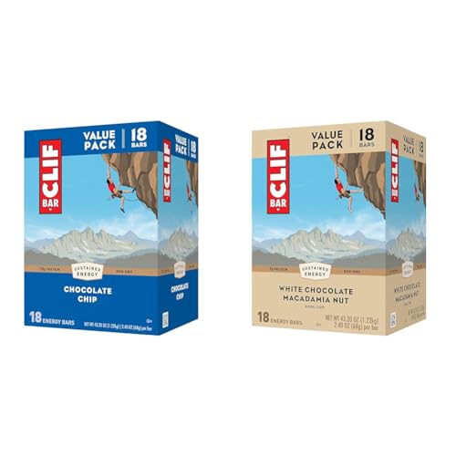 Image of CLIF BAR - Chocolate Chip - Made with Organic Oats - Non-GMO - Plant Based - Energy Bars - 2.4 oz. (18 Pack) & White Chocolate Macadamia Nut Flavor - Made with Organic Oats - Non-GMO - Plant Based