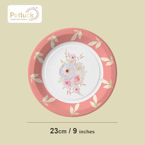 Image of Potluck Peach Floral Disposable Paper Plates | 9 Inch Food Grade Tableware for Parties | Events, Snacks & Meal Serving