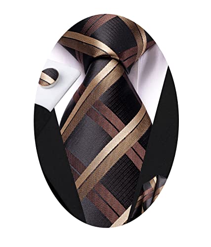 Image of Hi-Tie Men Ties Sets Silk Stripe Paisley Necktie Pocket Square Cufflinks for Business Wedding