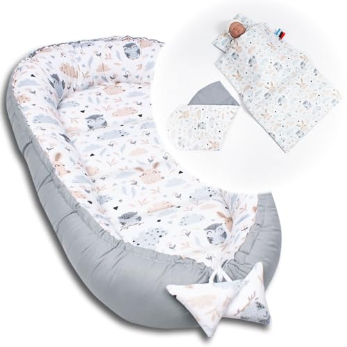 PaLulli Babynest 4-TLG Set 95x55 cm | Babyausstattung mit Matratze & Kuscheldecke | 100% Baumwolle, hypoallergen | Babybett Nestchen für Neugeborene 0-8 Monate (Animals Grau)