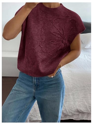 Image of SOLY HUX Women's Short Sleeve Sweater 3D Floral Sweaters Pullover Tank Tops Knit Vest Trendy Fashion Clothing