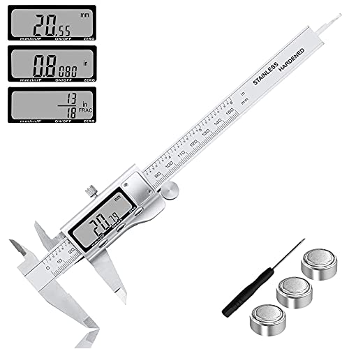 Digital Caliper 6 Inch Stainless Steel Vernier Caliper Digital Electronic Micrometer Caliper Measuring Tool Waterprrof Inch/Metric/Fractions Conversion Large LCD Display Auto-off