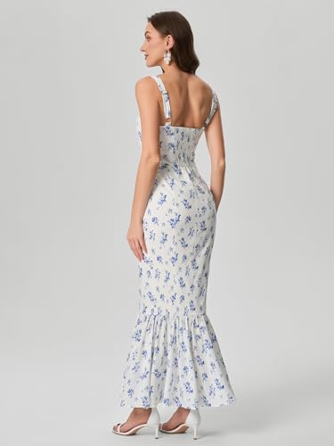 Image of HTZMO Women Casual Summer Floral Maxi Dress Square Neck Boho Wedding Guest Elegant Long Sundress