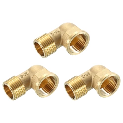 sourcing map 3 Pcs 90 Degree Elbow, 1/2 Inch Male x 1/2 Inch Female Brass Right Angle Pipe Fitting, Connector for Fluid Gas Fuel Oil Pipe