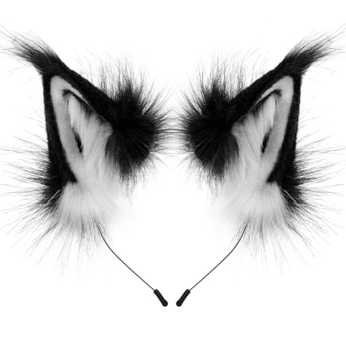CROOOLTRRY Fluffy Fox Anime Ears Cat Hairband Wolf Headband For Cosplay Costume Halloween (Ear32-Blackwhite)