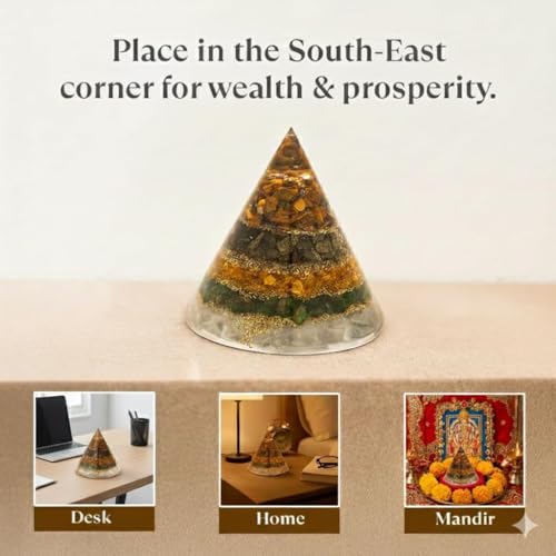 Image of Certified Conical Dhanyog Crystal Pyramid with Selenite Base | 5-in-1 Money Magnet Pyramid with Pyrite Citrine Green Jade Tiger Eye & Selenite | Wealth Prosperity Vastu Decor for Home Office