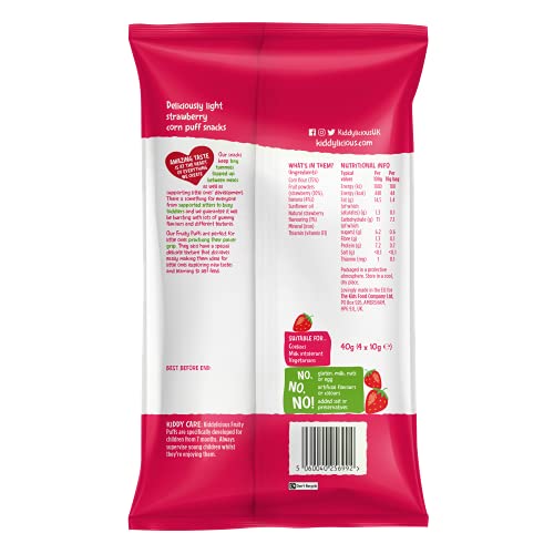 Kiddylicious Strawberry Fruity Puffs-Kids Snack - Crumb Free - Suitable for 7+ Months - 4 Packs (4x10gms)