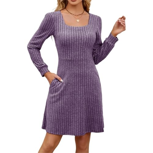 Vestido Suéter Casual de Manga Larga con Cuello Cuadrado para Otoño, Vestido Suéter Casual de Punto Acanalado con Bolsillos (Purple,XXL)