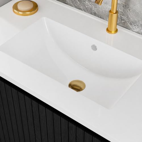 Image of 30 Inch Floating Bathroom Vanity with Ceramic Sink, Modern Striped Wall Mount Vanity Cabinet with Compartmentalized Storage Drawer, Black