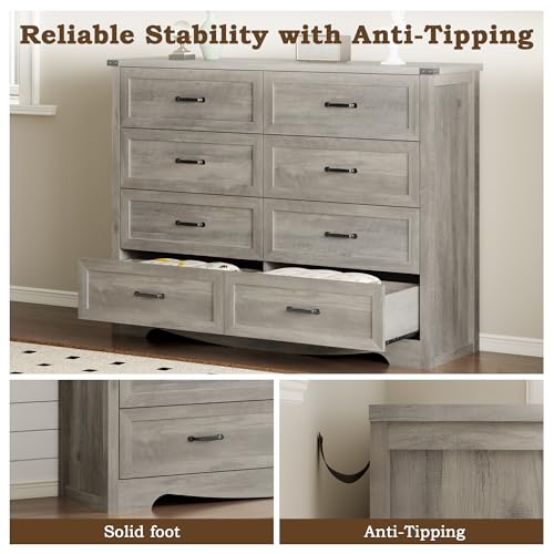 Image of BORNOON 8-Drawer Dresser for Bedroom, Modern Wooden Chest of Drawers with Metal Handles, Anti-Tipping Design, Sturdy and Stable Storage Organizer for Living Room, Entryway, Home Office