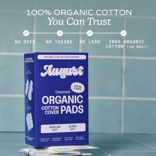 Image of August Regular & Super Organic Pads for Women, 36 (18+18) Ultra Thin Pads with Wings, Hypoallergenic Sanitary Napkins with Organic Cotton Topsheet, Compostable Wrapper, Non-Toxic, Fragrance-Free