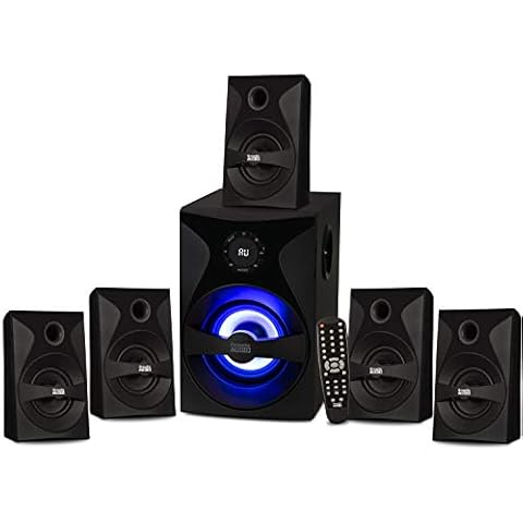 Acoustic Audio by Goldwood AA5400 Surround Sound System Set Home Theater w/Subwoofer, 5 Wired Satellite Speakers, LED Display, & Remote Control, Black Cover