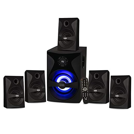 Goldwood Bluetooth 5.1 Sistema de alto-falante Home Theater com tela LED, sintonizador FM, entradas USB/SD – Conjunto de 6 peças com controle remoto, preto