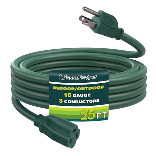 GreenProsper 25 Ft Indoor Outdoor Green Extension Cord 16 Gauge Waterproof Electrical Power Cable 16/3 SJTW 3 Prong Grounded Plug 13A 1625W UL Listed