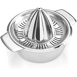 Exprimidor Metalico Manual Exprimidor Manual de Cítricos/Limón de Acero Inoxidable 18/8 con Recipiente 450 ml, Sólido Metal Exprimidor de Limetta/Naranja/Pomelo con Tamiz y 2 Boquillas, Apto para Lavavajillas