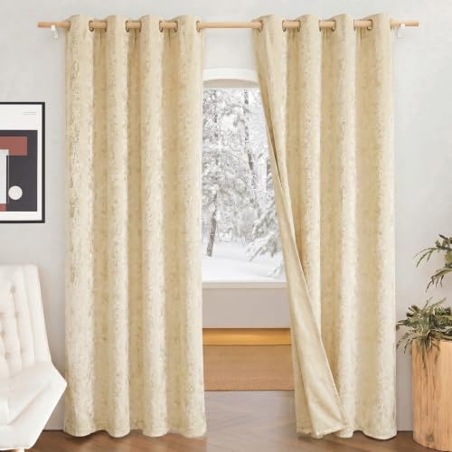 Image of IVAZA Premium Velvet Burnout Pattern 70% Blackout Opaque Curtains - Thermal Insulated, Heavy Blackout Opaques, Room Darkening Curtain for Door 8 Feet Pack of 2 Cream Burnout
