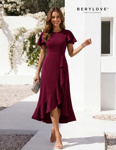 Image of BeryLove Women Formal Party Dress Flutter Short Sleeve Wedding Cocktail Long Evening Dress