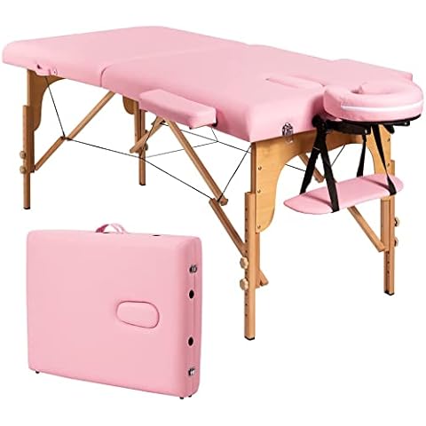 WELLHUT Massage Table 84 Inches Long Portable Massage Bed Spa Bed Lash Bed for Eye Extensions 2 Folding Massage Bed Tattoo Bed Height Adjustable Facial Cradle Salon Bed with Carrying Case, Pink Cover