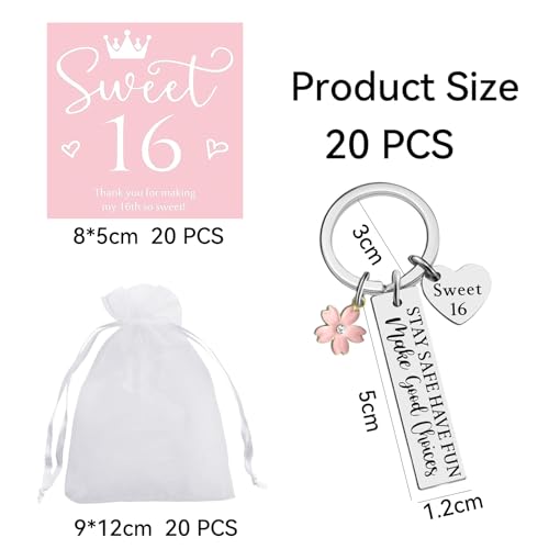 JDRGJTH 20 Sets Sweet 16 Keychain Party Favor Set Sweet 16th Birthday Gift Keychain Pink Cardstock Tag Organza Bag for Sweet 16 Birthday Gift Souvenir Themed Party Decorations