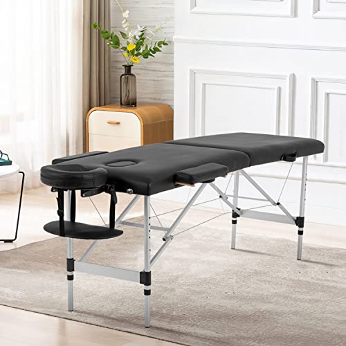 Aluminum Massage Table Portable Massage Bed Height Adjustable Spa Bed 2 Fold Facial Tattoo Salon Bed W/Face Cradle Carry Case (Black) #TOP1