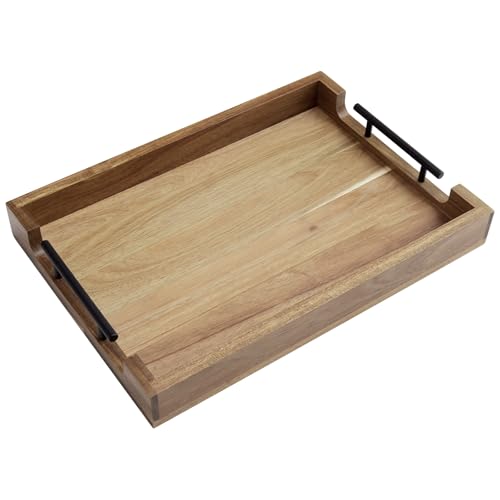 Acacia Wood Serving Tray with Metal Handles, 17
