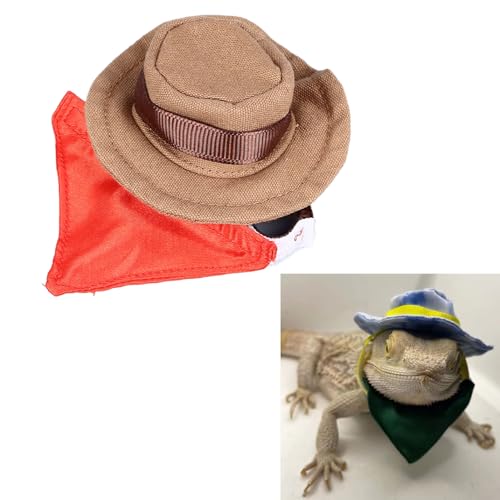 Zerodis SEIS 2PCS Bearded Dragon Cowboy Hat and Bandana, Reptile Costume, Cool Pet Cap, Small Animal Hamster Outfit