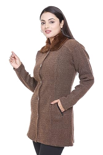Image of Women Woolen Buttoned Fur Collar Neck Stylish Party Winter Wear Coat Cardigan Sweater