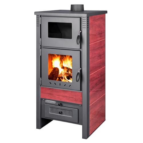 ProTermo Taurus Rot Kaminofen mit Backfach – 12kW Heizleistung - Holzofen mit Schamottstein Energieeffizienzklasse A 52 x 50 x 107cm 2 Sichtfenster