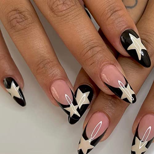 Clataly 24 Pcs White Star Ripple Fake Nails Acrylic Press on Nails Funny Nude Pink False Nails Full Cover Nails for Women and Girls (A)
