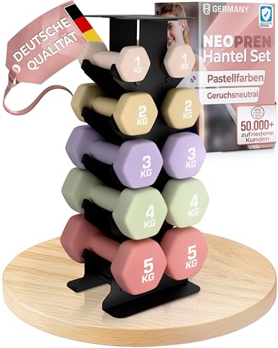 HQ Germany® Hanteln Set [geruchsfreie Pastellfarben] - Hanteln 1+2+3+4+5kg - jeweils 2 Stück für Pilates und Kraftraining, Hantelset Home Gym, Dumbbells, Gewichte Hantel, Hantel Set, Kurzhanteln