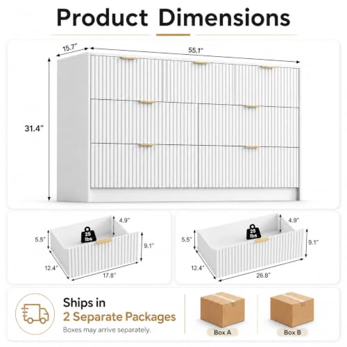 Image of Furniway White 7 Drawer Dresser for Bedroom, 55.1 inch Wide Fluted Wood Dresser
