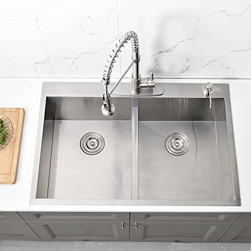 33 Inch Drop In Double Bowl Kitchen Sink-Bokaiya 33X22 Stainless Steel Drop In Kitchen Sink Double Bowl Topmount 16 Gauge Deep 50/50 Low-Divide Double Bowl Kitchen Sink #TOP2