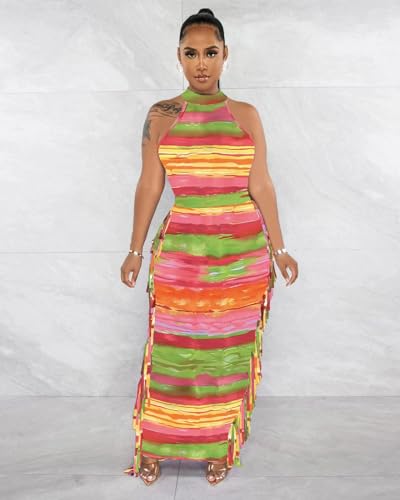 Image of YUEWOO 2 Piece Outfits for Women Sexy Crop Top Ruched Bodycon Maxi Dresses Fringe Skirt Sets Night Club Jumpsuits