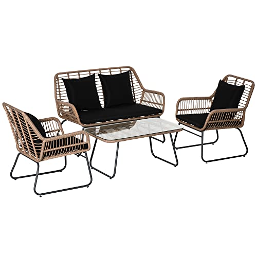 Outsunny Conjunto de Muebles de jardín de Resina Tejida 2 sillones 1 sofá 2 plazas 1 Mesa de Cristal Templado Cojines Asiento y Respaldo desenfundables