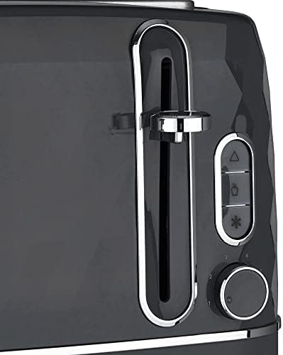 wilko Dark Grey Diamond 4 Slices Toaster, Electronic Browning Control, Defrost, Reheat, Cancel and High Lift Functions, Slide-out Crumb Tray and Cord Storage