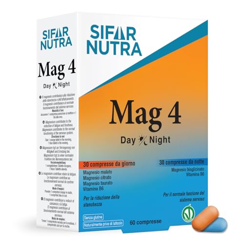 Sifar Nutra Mag 4 Day&Night |Magnesio Completo|Cuatro Sales de Magnesio elemental y Vitamina B6 |Suplemento contra el estrés y la fatiga|Sin Gluten ni Lactosa |Comprimidos Día y Noche|60 comprimidos