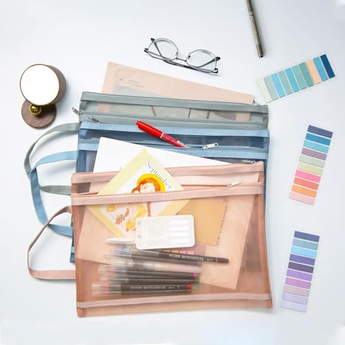 Image of Shuttle Art A4 Waterproof Mesh Zipper Document Pouch Clear PVC File Organizer with Handle Transparent Zip Folder Bag for School Office Travel Pastel Document Holder Stationery Storage Envelope Case