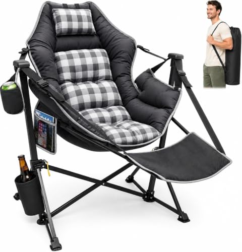 Suteck Silla de Camping Hamaca con Reposapiés, Acolchado Grueso, Negro a Cuadros