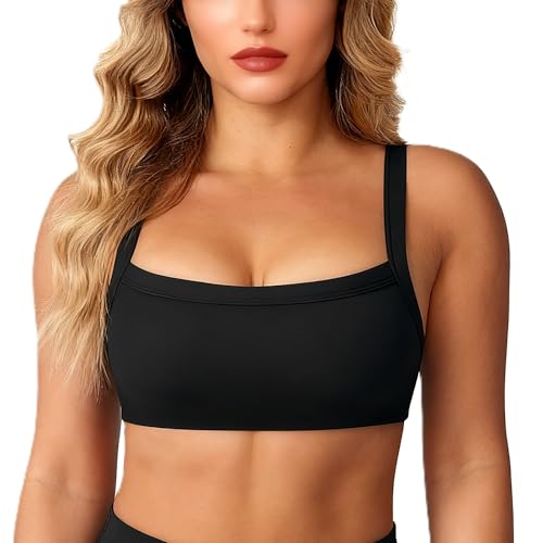 Sogetdo Adjustable Spaghetti Strap Sports Bra- Square Neck Wireless Padded Yoga Workout Crop Top